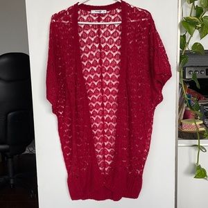 Short sleeve lattice long cardigan